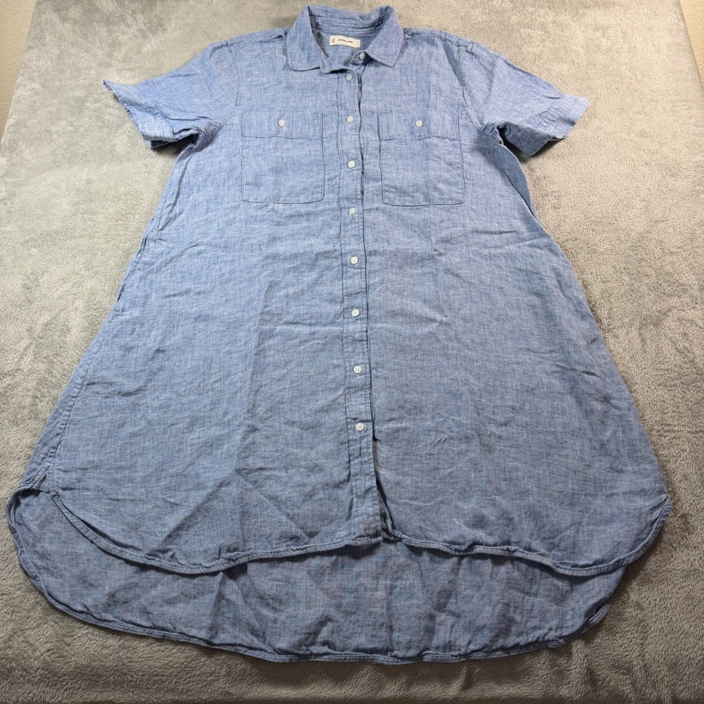 Everlane 100% Linen Shirt Dress Womens Large Blue Chambray Short Sleeve Summer